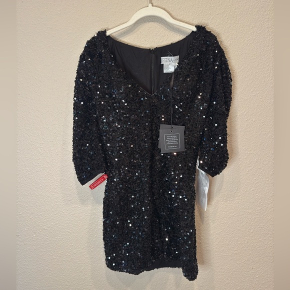 NWT $358 Mac Duggal Sequined Puffed Sleeve Mini Dress black beaded 26449 holiday - Picture 5 of 8